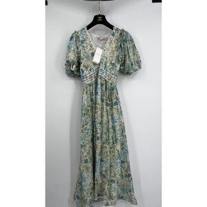 ROCOCO SAND NWT Blue Multi Floral Elan Puffy Sleeves Midi Dress SMALL